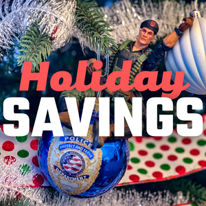 Sgt Hardwire Brings Holiday Savings as he swings from a Police Themed Christmas Ornament